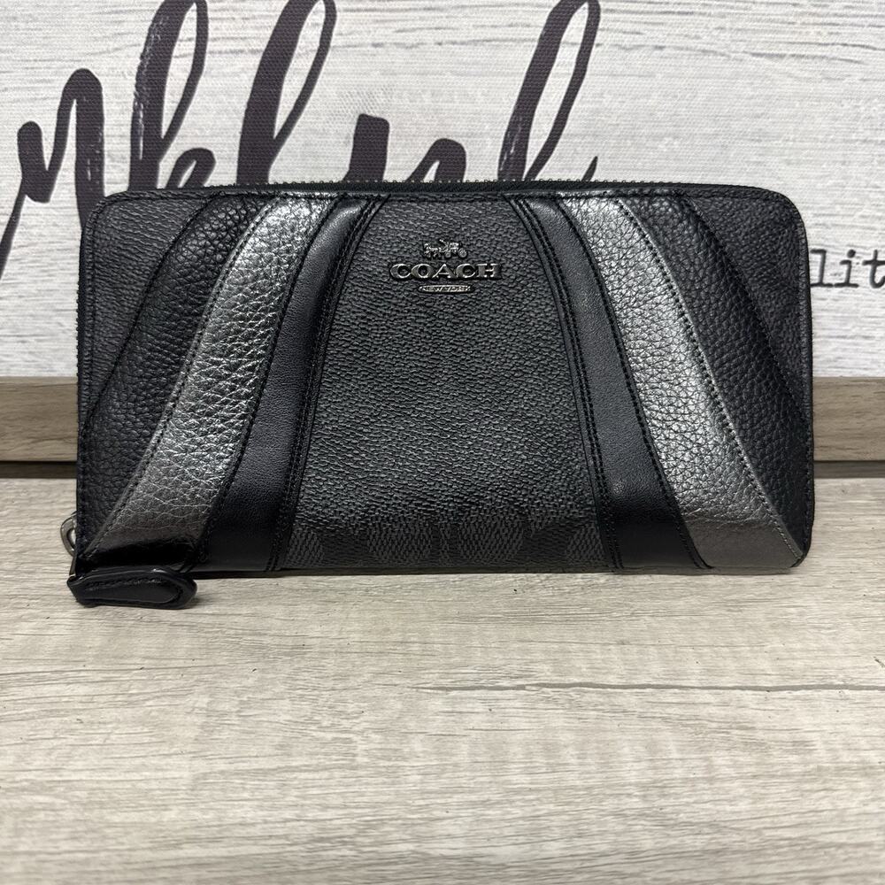 Coach Accordion Zip Wallet Signature Canvas Wave Patchwork Black Leather